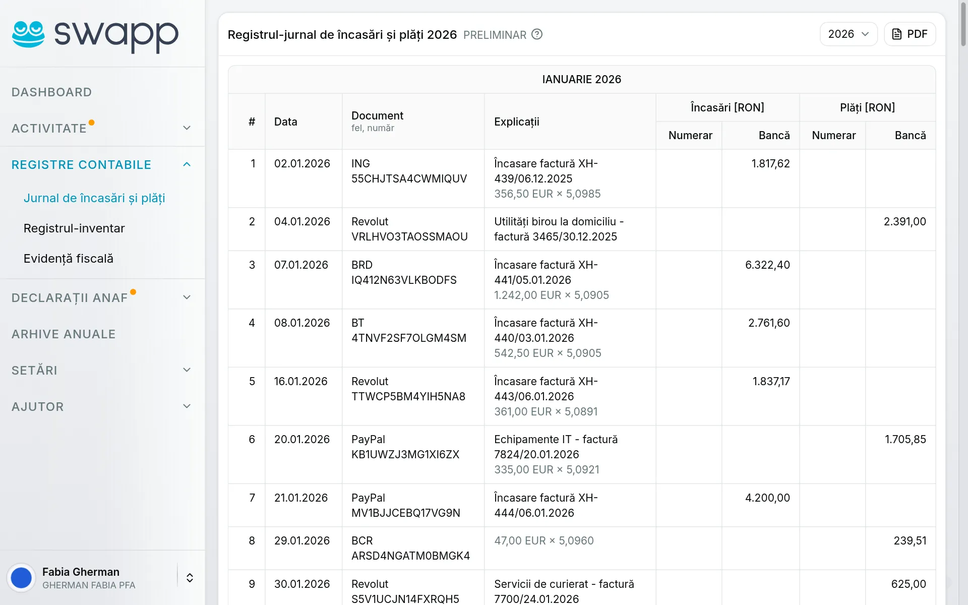 Registrul-jurnal de încasări și plăți, completat automat