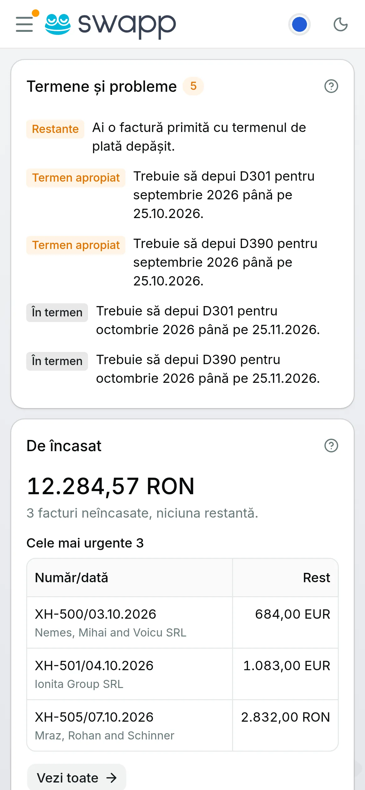 Dashboard-ul aplicației, pe telefon
